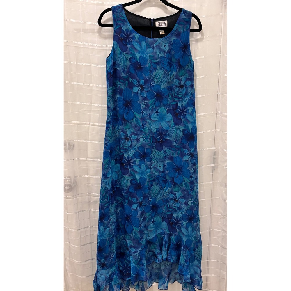 Chico's Design Vintage Blue Tropical Floral Ruffle Hem Maxi Dress Size 1 Medium